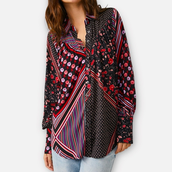 FREE PEOPLE Hazel Button Down Top size M Boho Floral Colorful Hippie - Picture 2 of 11